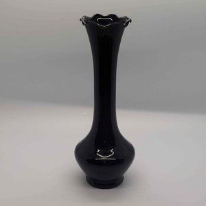 Vtg Black Glass Enesco Bud Vase with Ruffled Edge